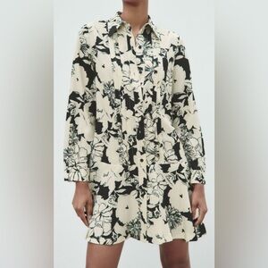 New Zara Floral Shirt Dress Collar Ruffle Hemline Long Sleeve Size XS